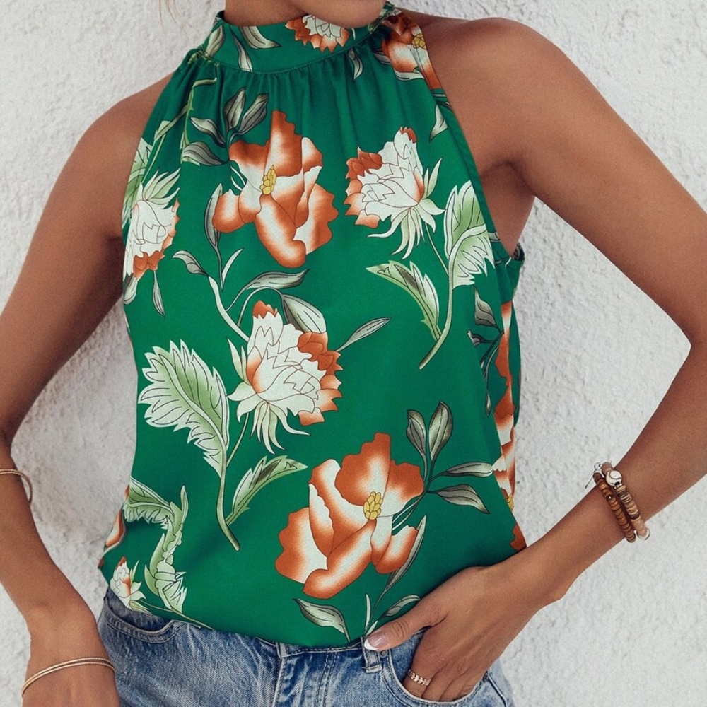 Boho Floral Print Halter Summer Tank Top - Picture 3 of 8